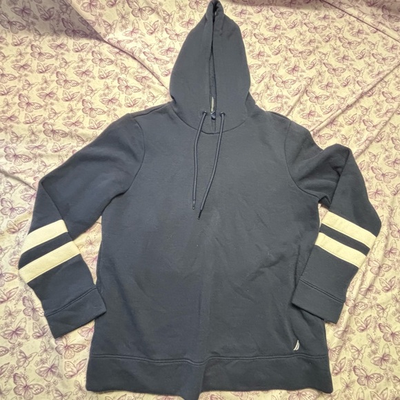 Nautica Women's Navy Hoodie with Cream Stripes - Picture 1 of 2